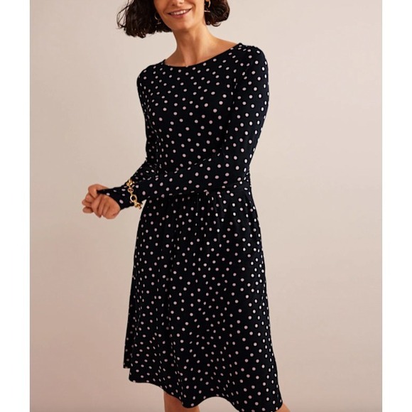 Boden Dresses & Skirts - Boden Abigail Dress Womens 10R Polka Dot Navy Pink Midi Long Sleeve Jersey Knit